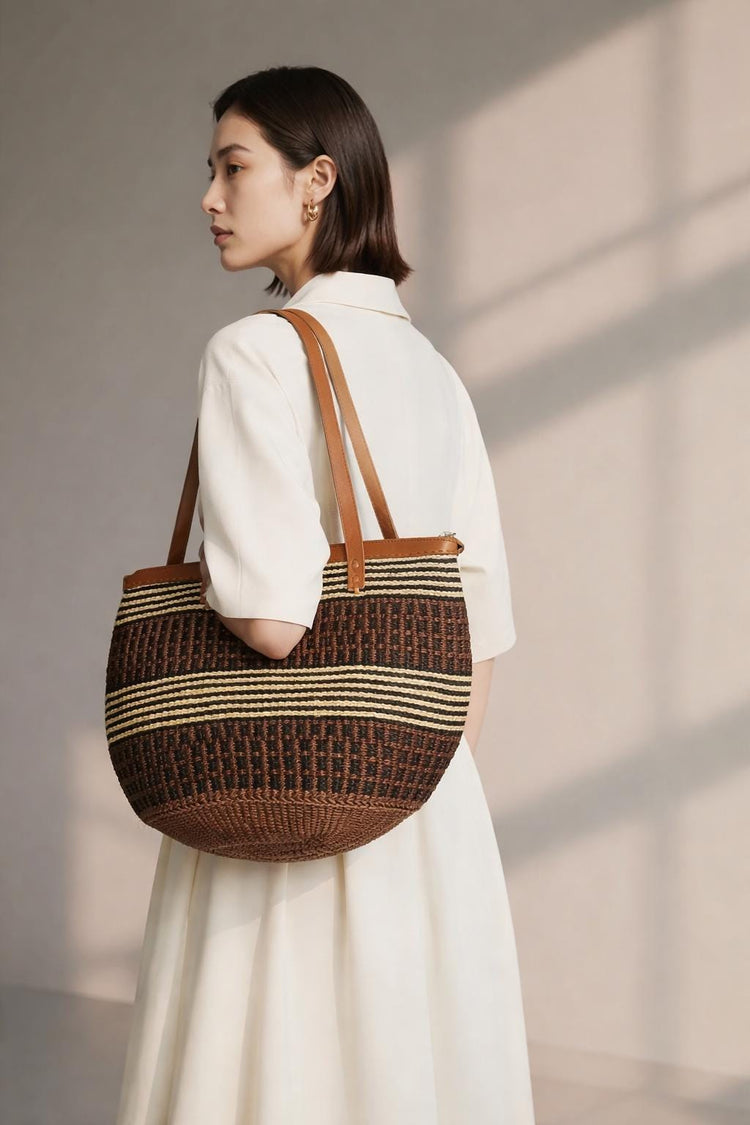 Vintage Sisal Bucket Bag: Leather Tote Bag, Boho Shoulder Purse