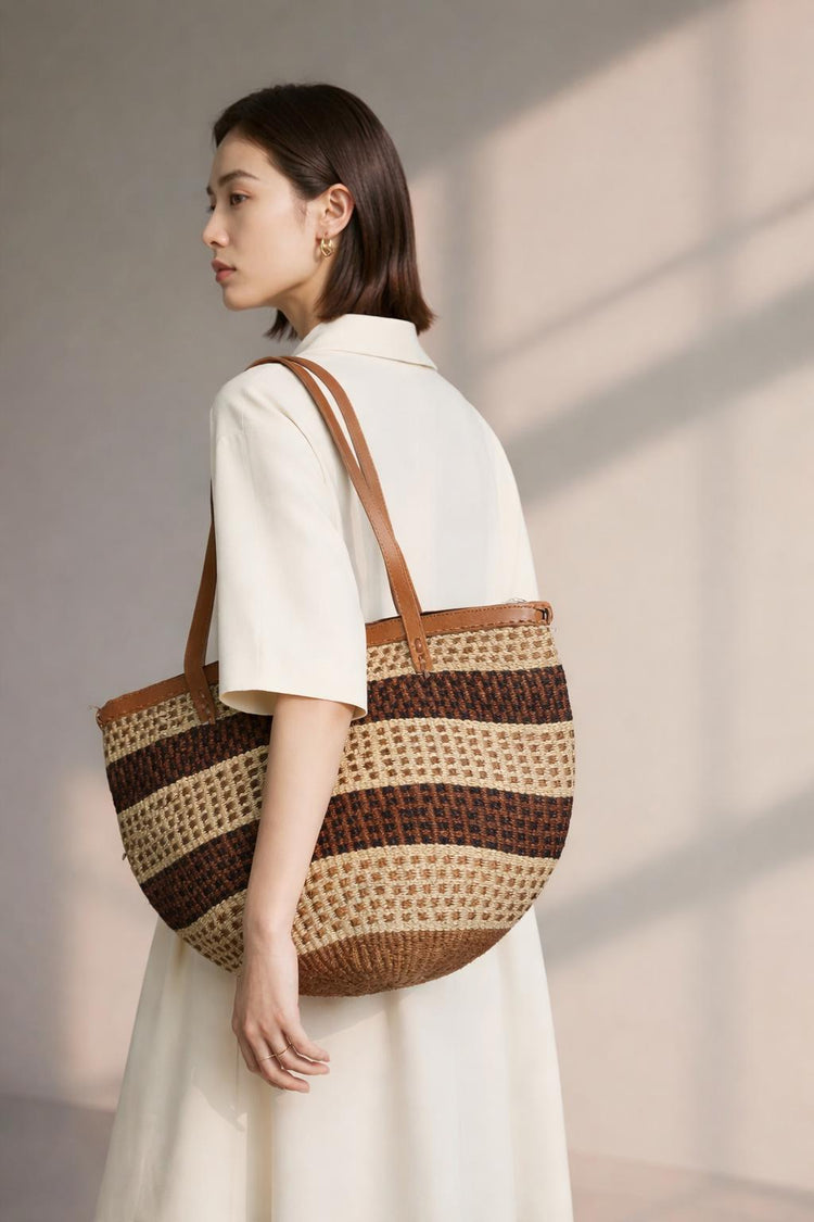 Vintage Sisal Bucket Bag: Leather Tote Bag, Boho Shoulder Purse