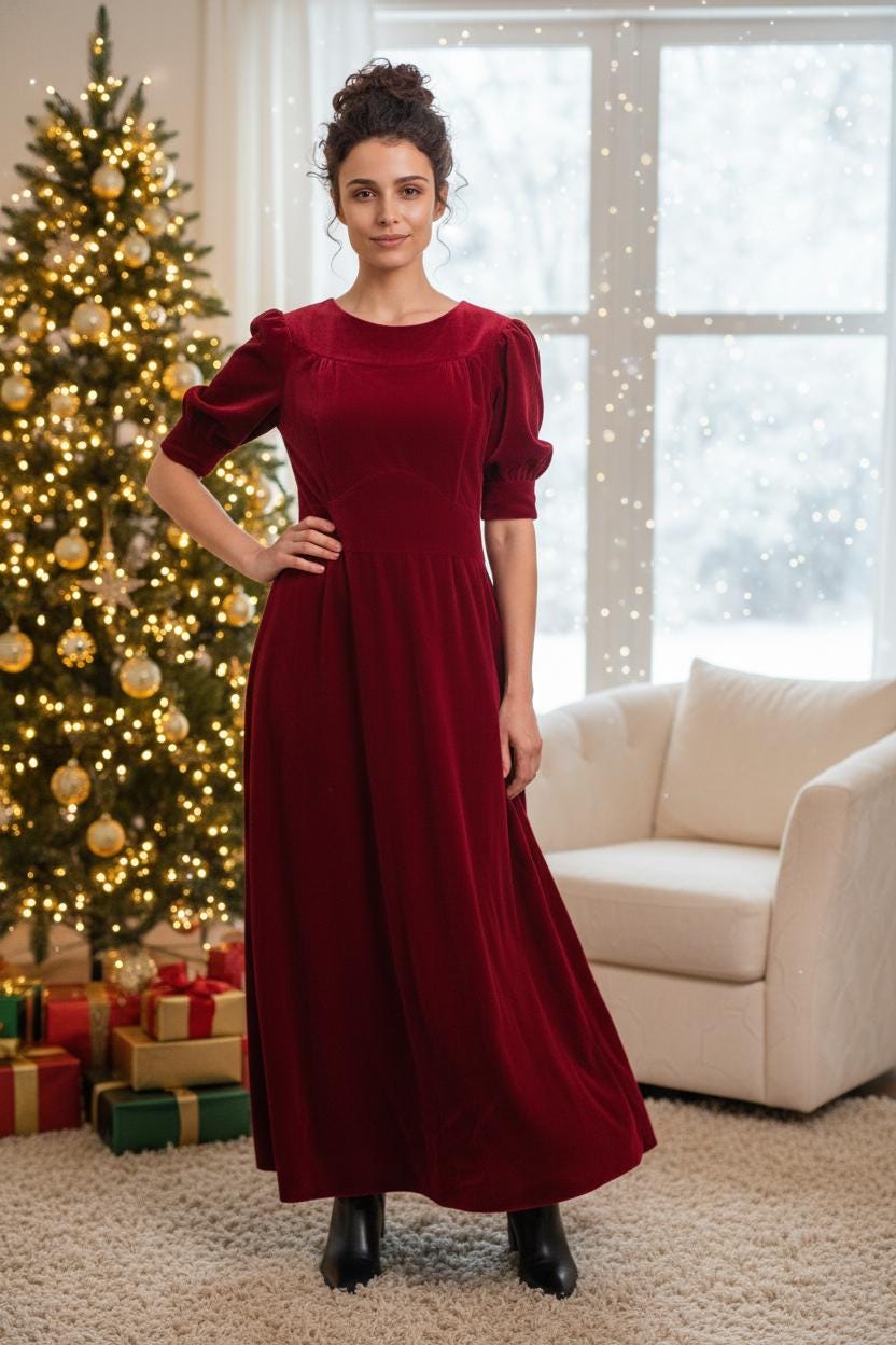 Burgundy Velvet Maxi Dress: Short Sleeve Christmas Evening Gown