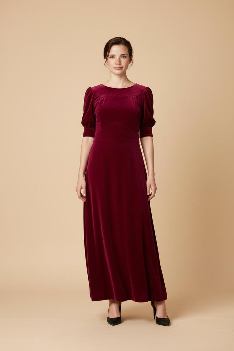 Burgundy Velvet Maxi Dress: Short Sleeve Christmas Evening Gown