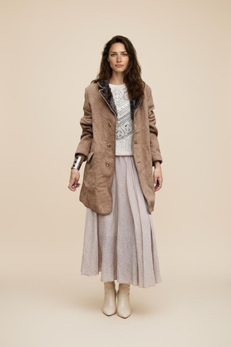 Woven Tweed Cashmere Wool Coat for Women: Boho Fur Collar, Made in Britain