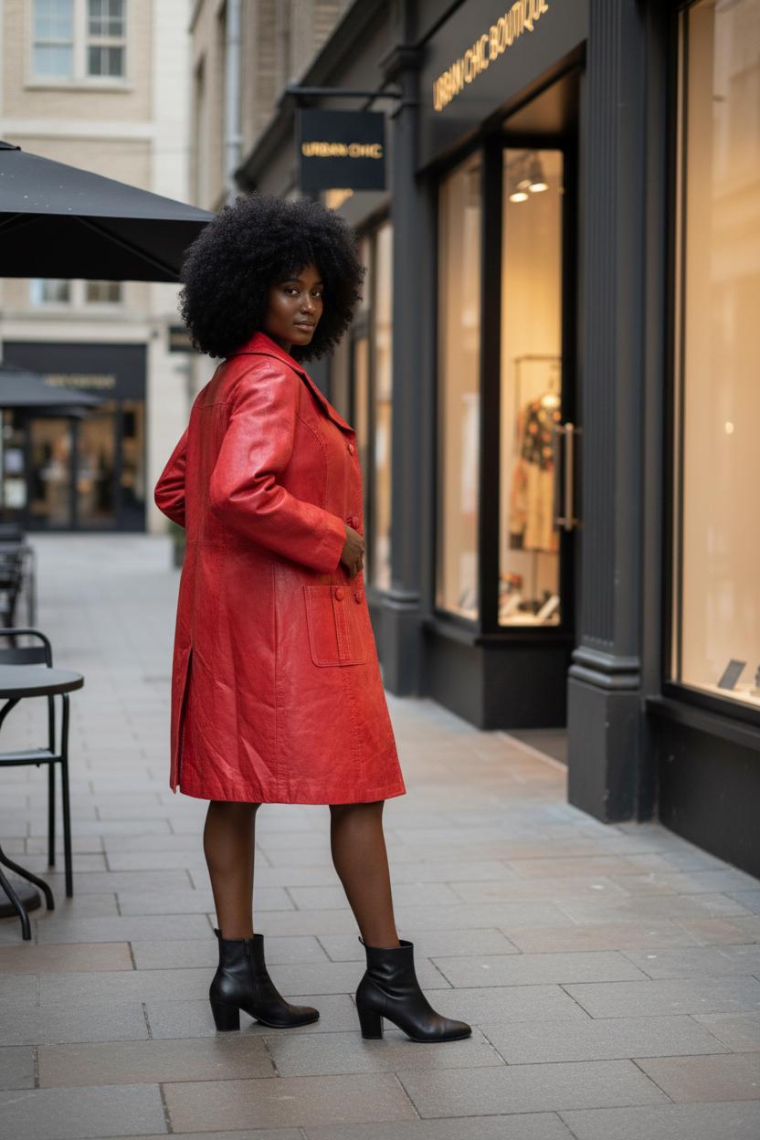 Vintage Red Leather Trench Coat: Fitted Midi Jacket, UK 16 / S-M