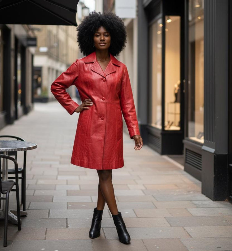 Vintage Red Leather Trench Coat: Fitted Midi Jacket, UK 16 / S-M