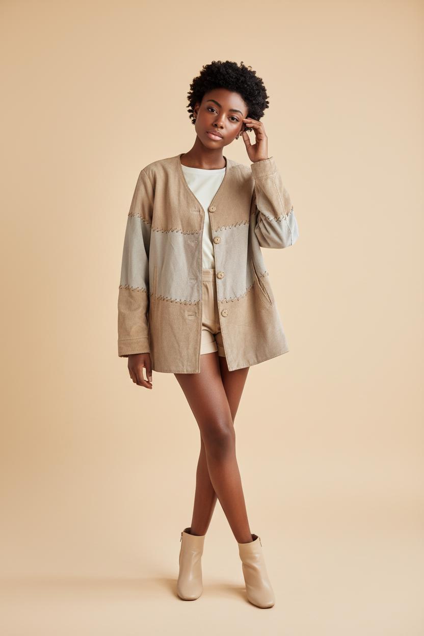 Vintage 1980s Suede Leather Coat: Striped Western Jacket, Size L