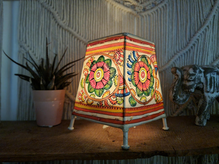 Hand-Painted Flower Design Lampshade: Boho Tribal Décor, Warm Cosy Ambient Lighting, Leather Table Lamp