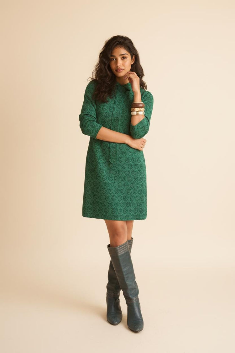Vintage Green Wool Rose Print Dress – 1950s 1960s Modest Winter Midi Dress – Peter Pan Collar – Cottagecore Autumn Fashion