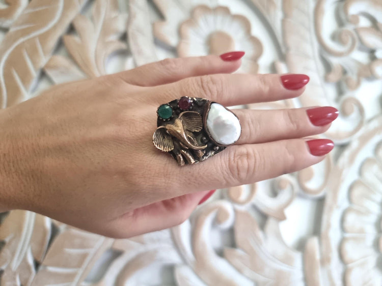 Hammered Brass Elephant Ring: Freshwater Pearl, Agate & Ruby Gemstone
