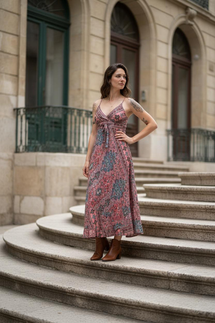 Boho Silk Maxi Dress: Sleeveless V-Neck Open Back Summer Dress