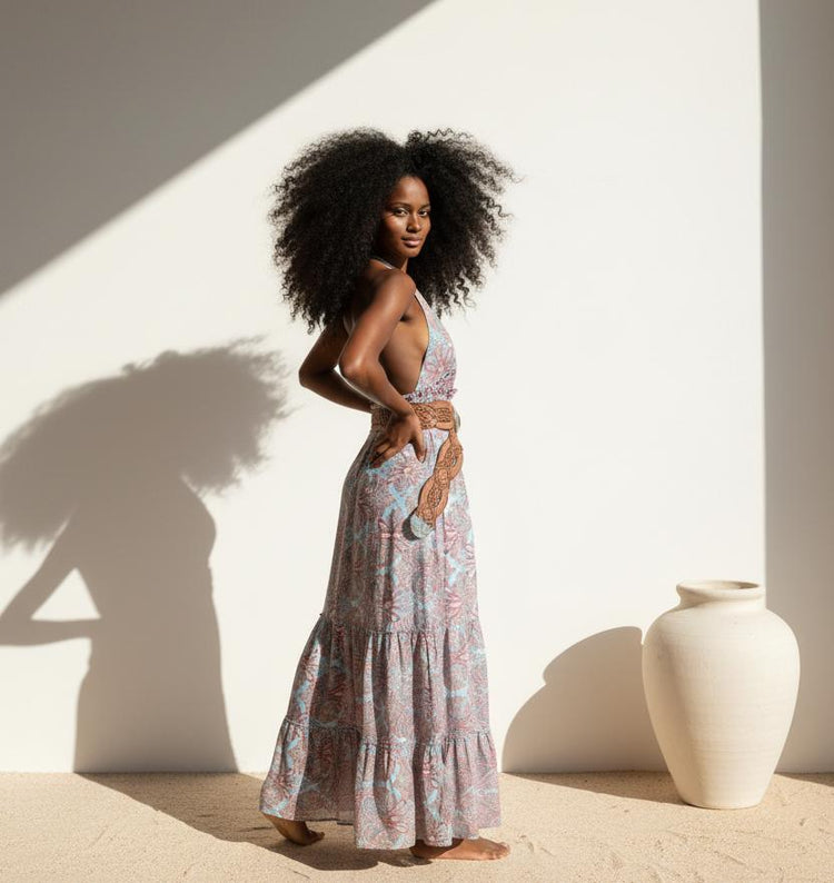 Silk Paisley Maxi Dress: Strappy Boho Beach Dress