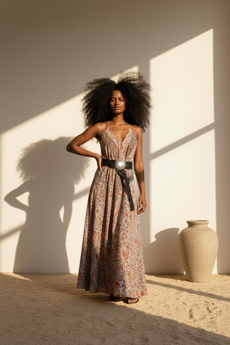 Silk Floral Print Maxi Dress: Sleeveless Boho Beach Dress