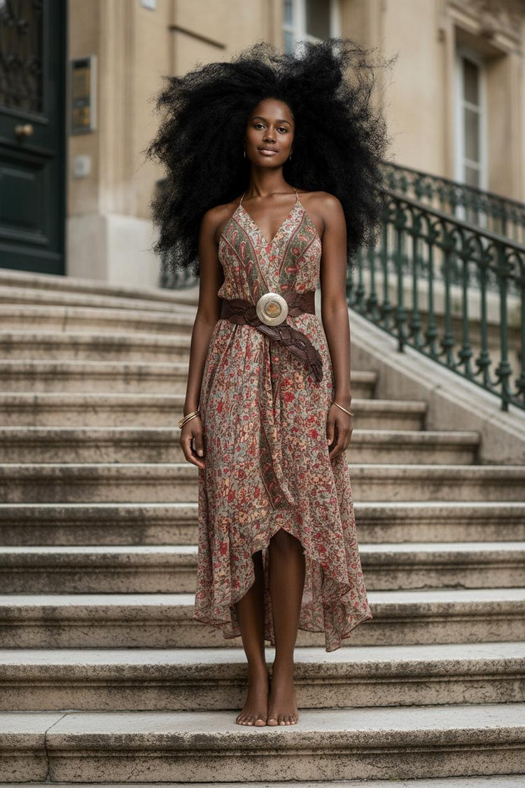 Silk Floral Print Maxi Dress: Sleeveless Boho Beach Dress
