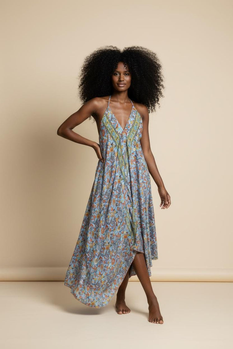 Silk Floral Print Maxi Dress: Sleeveless Boho Beach Dress