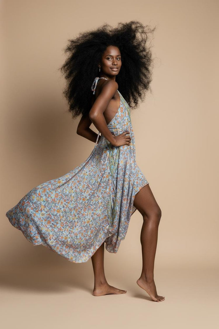 Silk Floral Print Maxi Dress: Sleeveless Boho Beach Dress