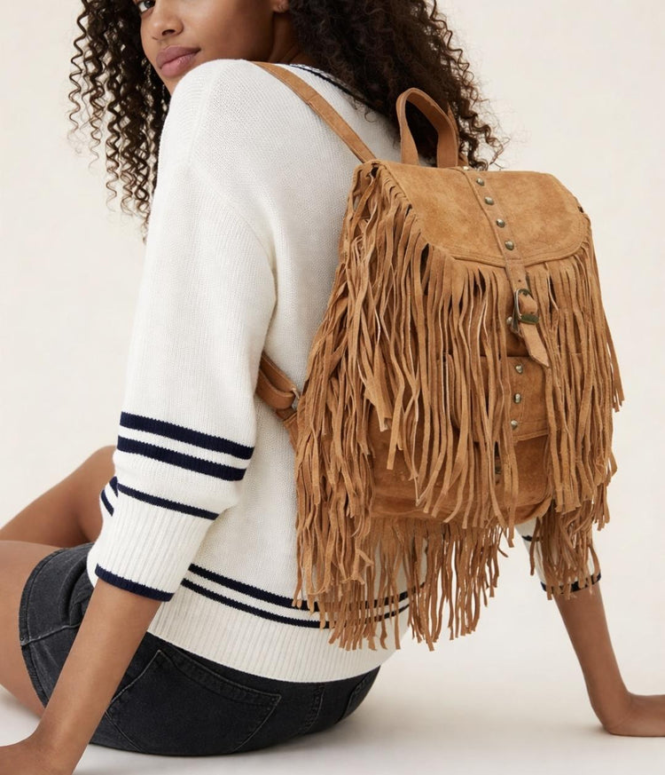 Pink Suede Fringe Backpack: Handmade Boho Festival Rucksack
