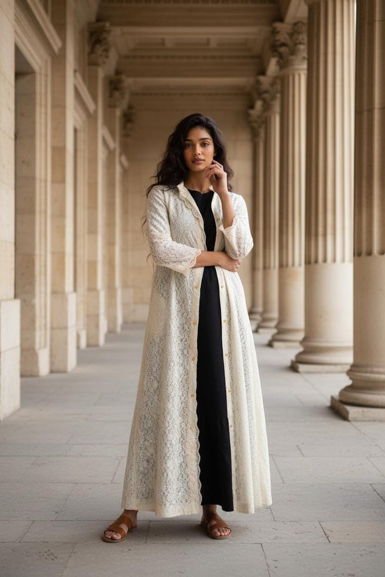 Vintage Lace Maxi Coat: 50s Bridal Jacket, Ivory White, Size Small