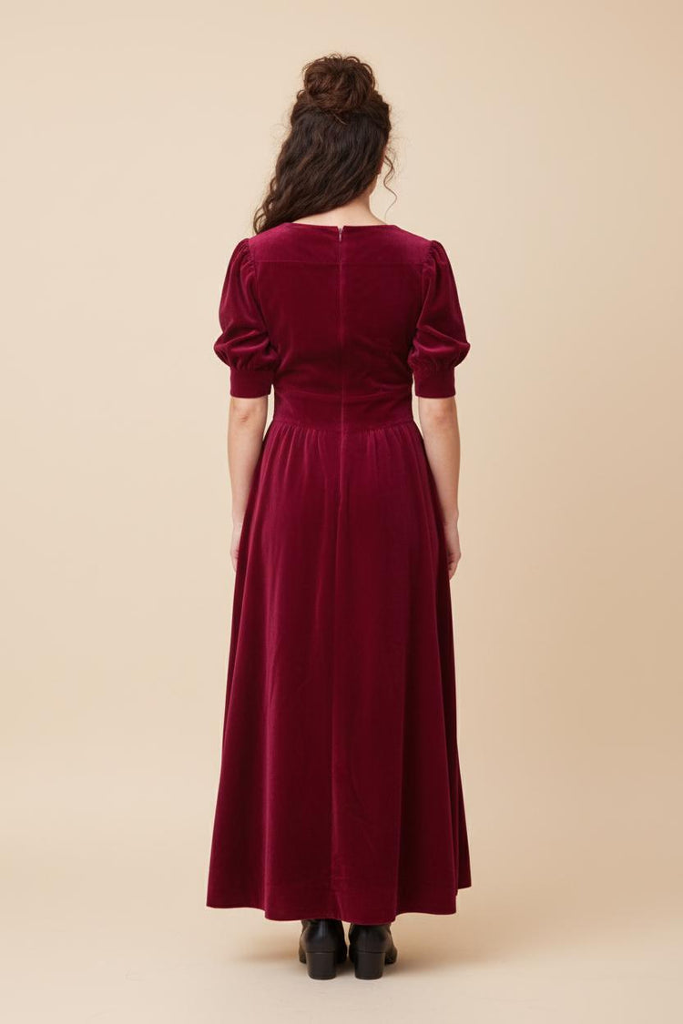 Burgundy Velvet Maxi Dress: Short Sleeve Christmas Evening Gown
