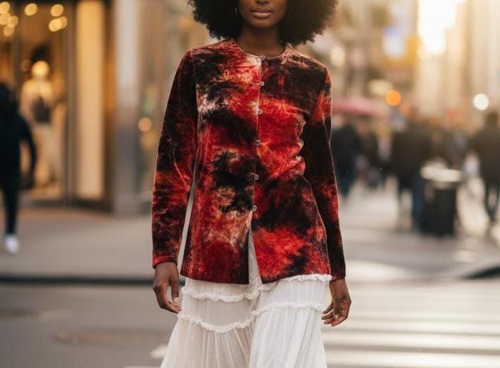Vintage Crushed Velvet Tie-Dye Jacket: Burnt Orange Watercolor Blazer