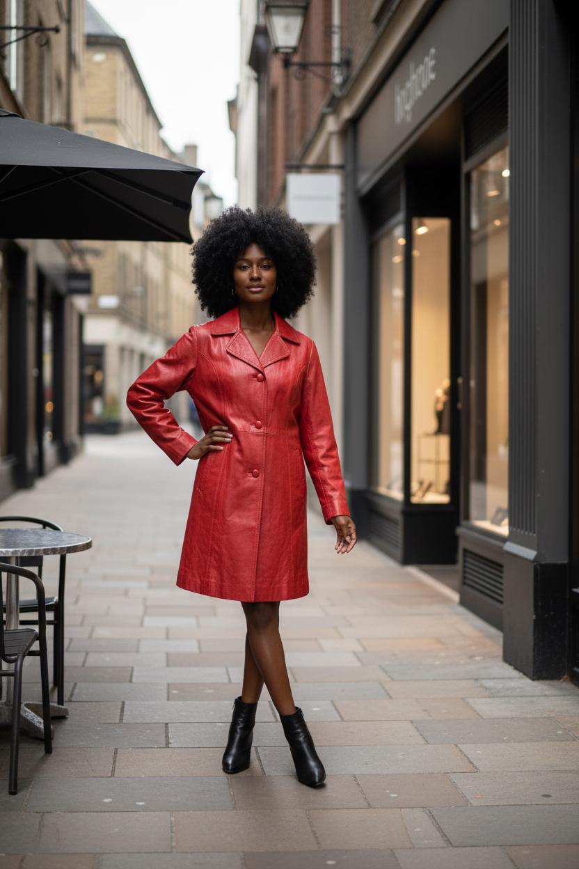 Vintage Red Leather Trench Coat: Fitted Midi Jacket, UK 16 / S-M