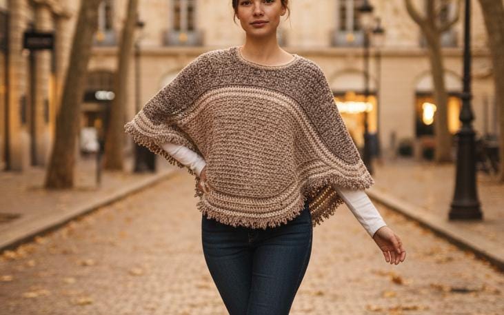 Hand-Knitted Vintage Poncho – Beige & Brown Boho Knit – Hippie Bohemian Style – Size S–M