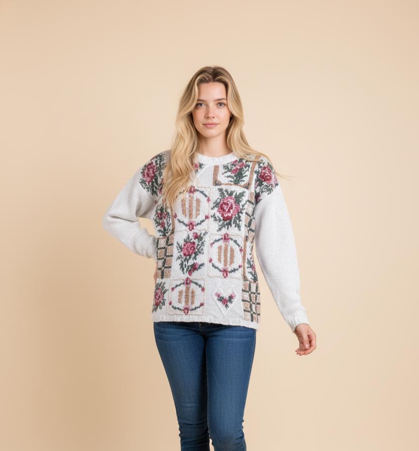 Vintage Floral Knit Sweater Dress: 80s Shoulder Pads, Boho Style