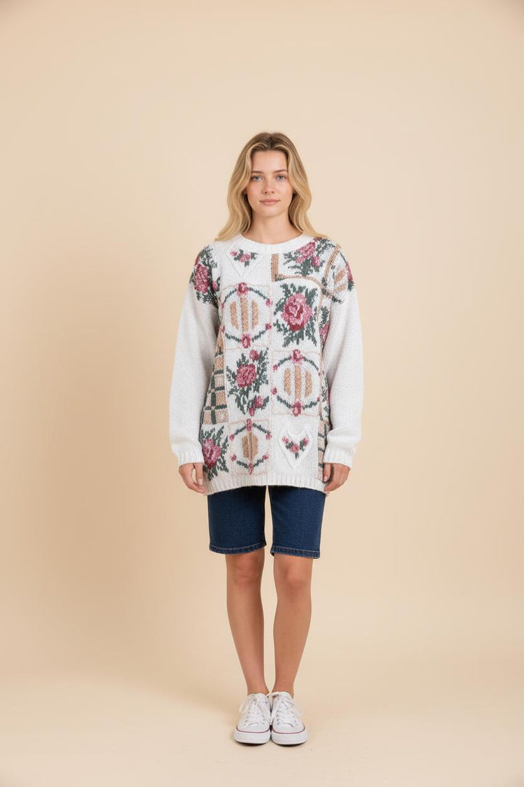 Vintage Floral Knit Sweater Dress: 80s Shoulder Pads, Boho Style