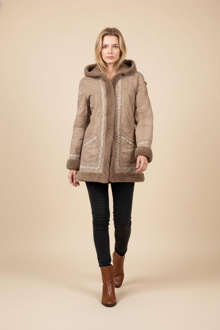 Vintage Embroidered Shearling Coat – Patchwork Leather Afghan Duffle Coat – Hooded Boho Cottagecore Jacket – Size S