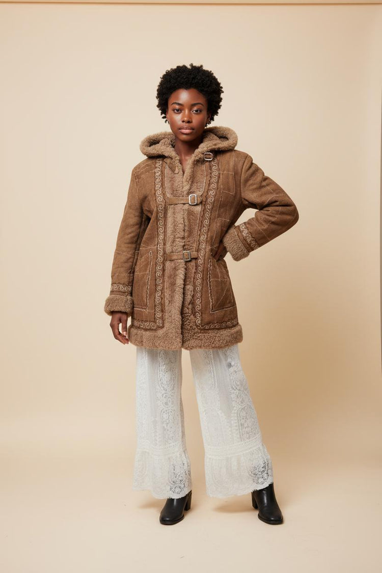 Vintage Embroidered Shearling Duffle Coat, Hooded Patchwork Leather Jacket, 70s Afghan Coat, Boho Cottagecore Fashion Size S