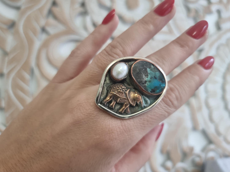 Turquoise Elephant Ring: Hammered Brass, Freshwater Pearl, Adjustable