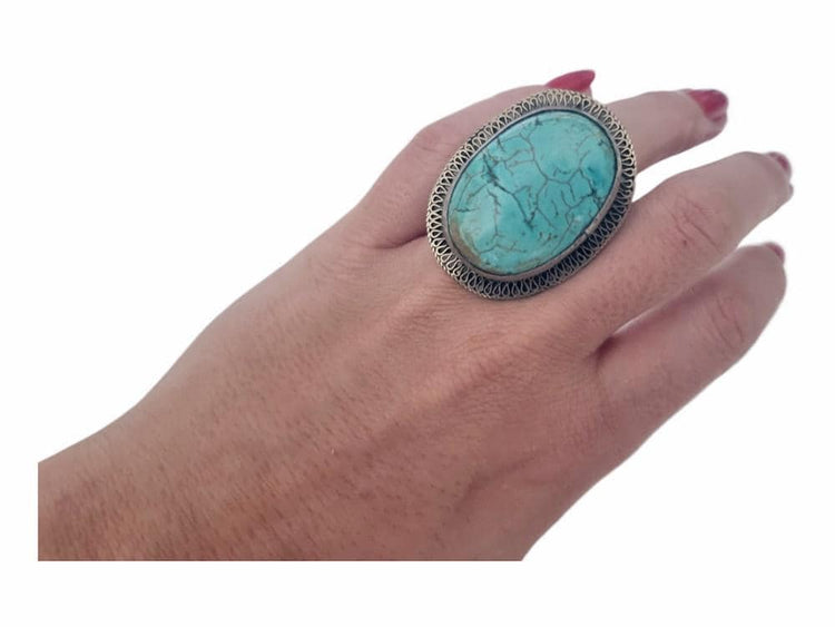Vintage Turquoise Statement Ring, Adjustable Silver Boho Ring, Tribal Turquoise Ring, Western Jewelry, Native Style Ring, Gift for Her