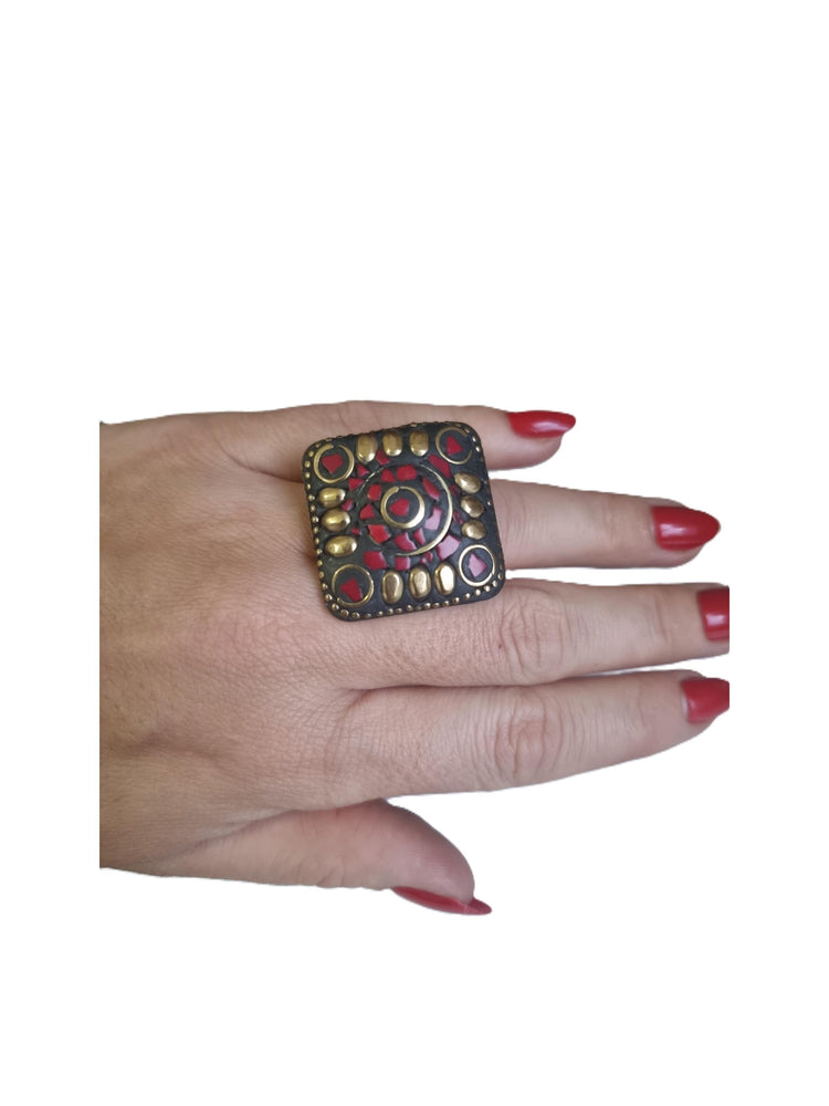 Tibetan Mosaic Ring: Red Stone Adjustable Brass Boho Ring