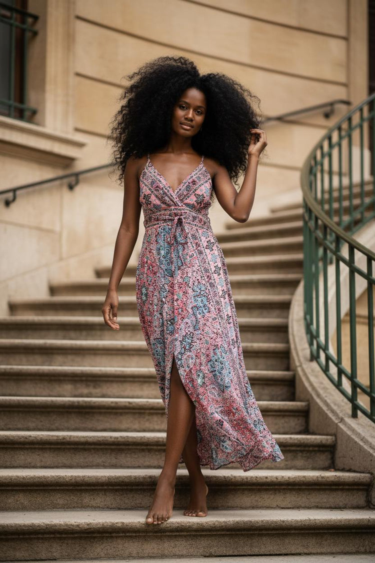 Boho Silk Maxi Dress: Sleeveless V-Neck Open Back Summer Dress