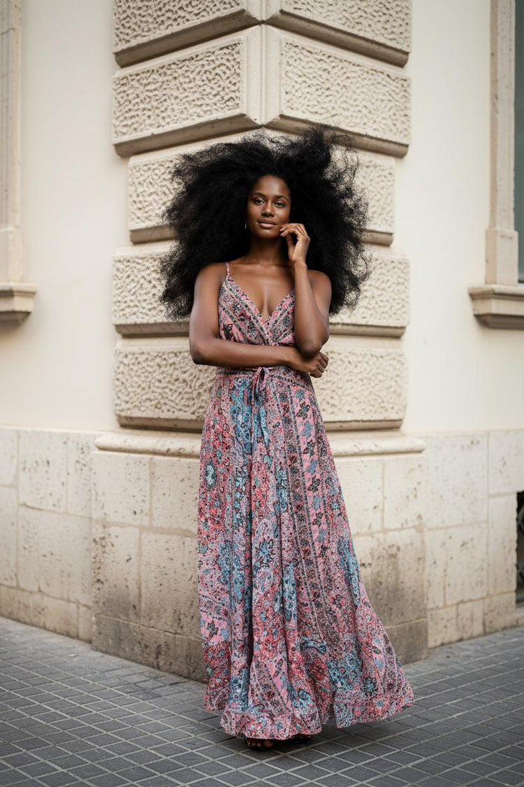 Boho Silk Maxi Dress: Sleeveless V-Neck Open Back Summer Dress