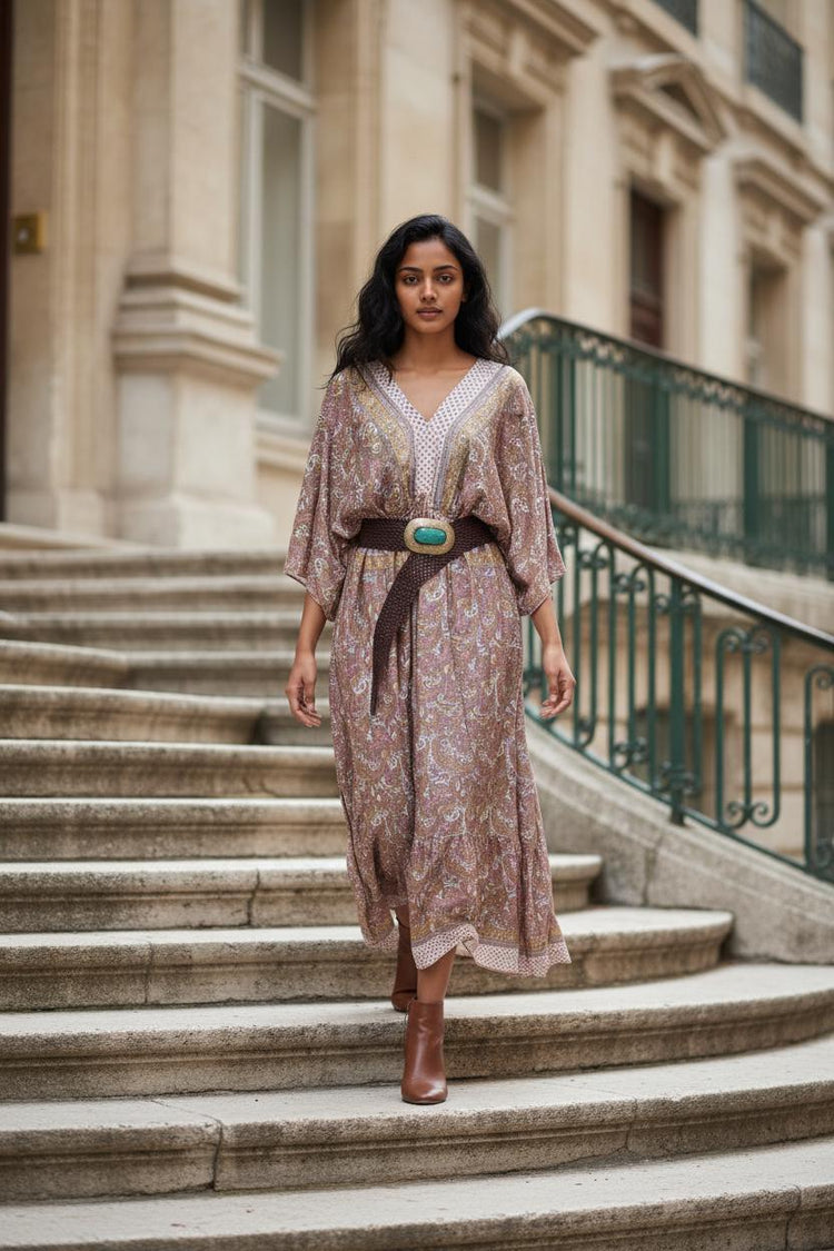 Boho Silk Maxi Dress: 3/4 Sleeve Vintage Style Bridesmaid Dress