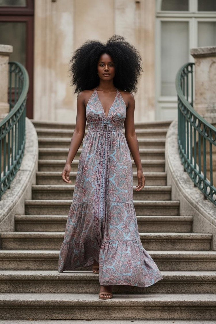 Silk Paisley Maxi Dress: Strappy Boho Beach Dress