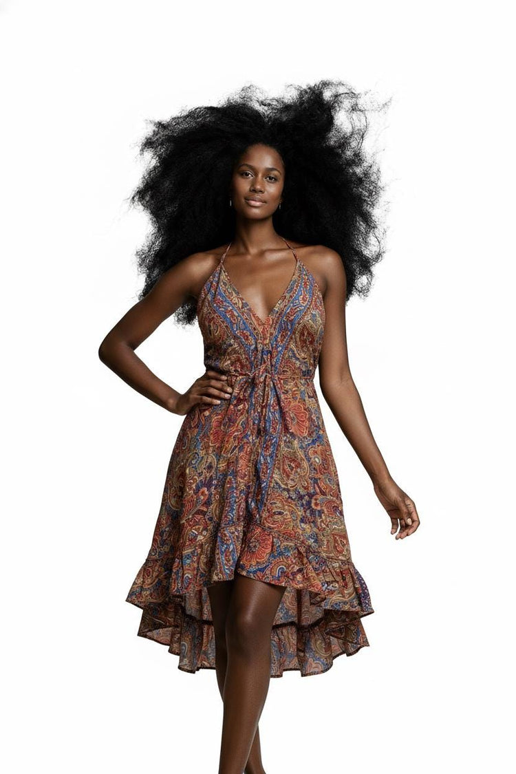 Strappy Sleeveless Silk Summer Dress, Open Back Midi Dress, Boho Paisley Pattern