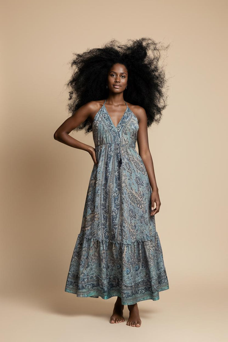 Silk Paisley Maxi Dress: Backless Boho Cottagecore Summer Gown