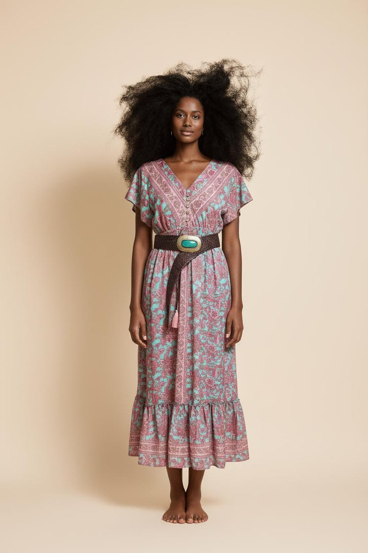 Paisley Silk Maxi Dress: Open Back Boho Beach Dress