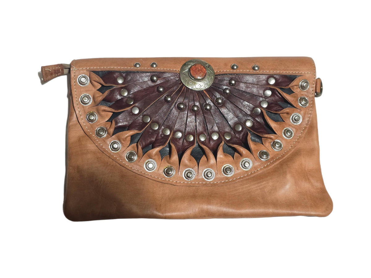 Boho Half Moon Leather Bag: Studded Rising Sun Clutch