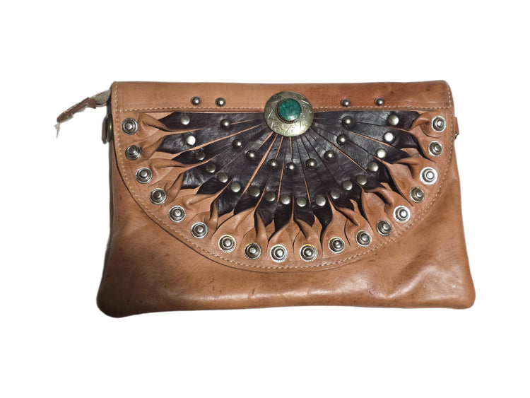 Boho Half Moon Leather Bag: Studded Rising Sun Clutch