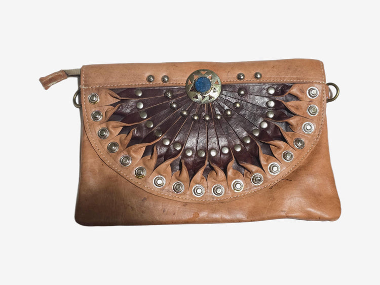 Half Moon Leather Satchel: Boho Studded Clutch Bag