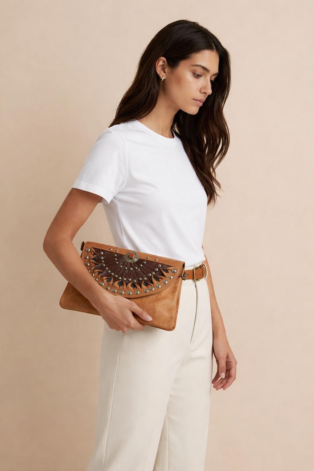 Half Moon Leather Satchel: Boho Studded Clutch Bag
