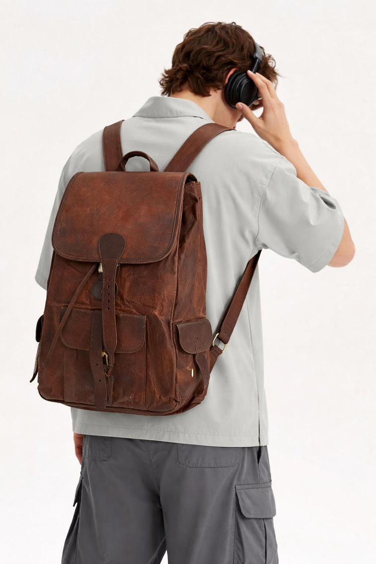 Large Leather Travel Backpack: 16" Unisex Rucksack, Laptop Bag