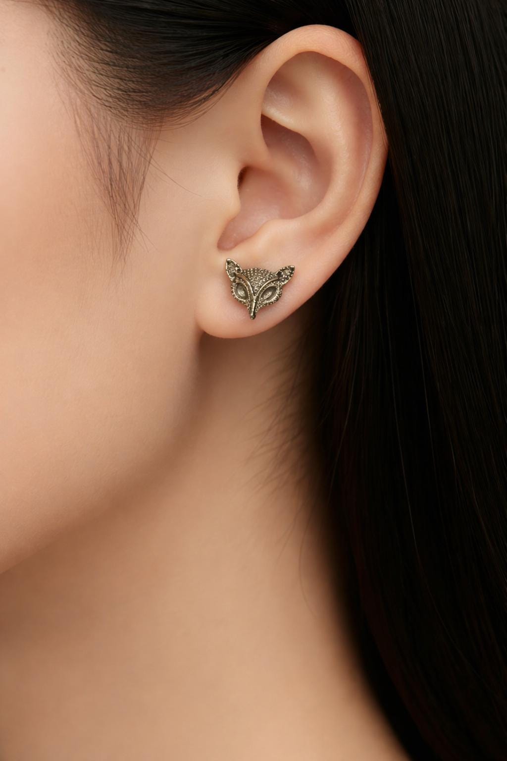 Fox Head Stud Earrings – Antique Brass Look Animal Earrings, Tiny Fox Studs, Cute Woodland Jewelry, Boho Punk Kawaii Gift for Her