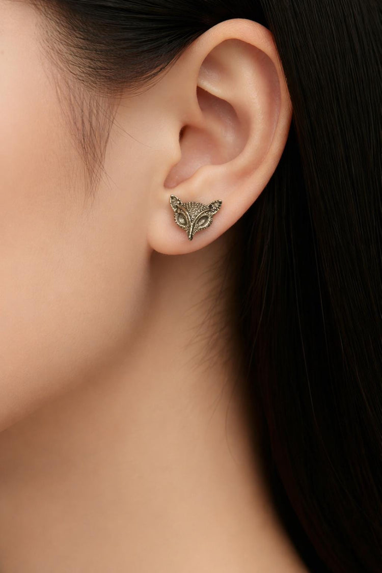 Fox Head Stud Earrings – Antique Brass Look Animal Earrings, Tiny Fox Studs, Cute Woodland Jewelry, Boho Punk Kawaii Gift for Her