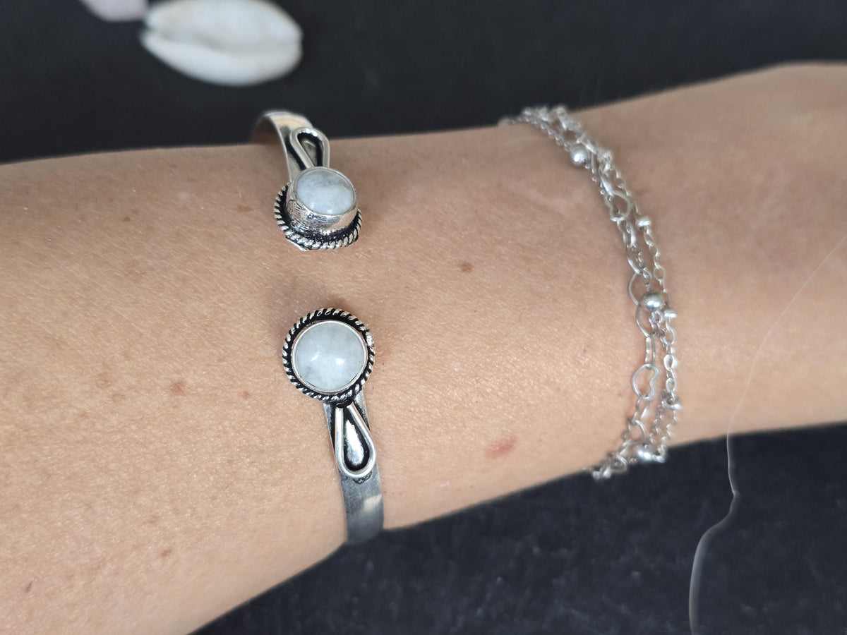 Boho Moonstone 925 Sterling Silver Cuff Bracelet, Slim Filigree Bangle, Vintage Bohemian Jewellery, Gift for Her