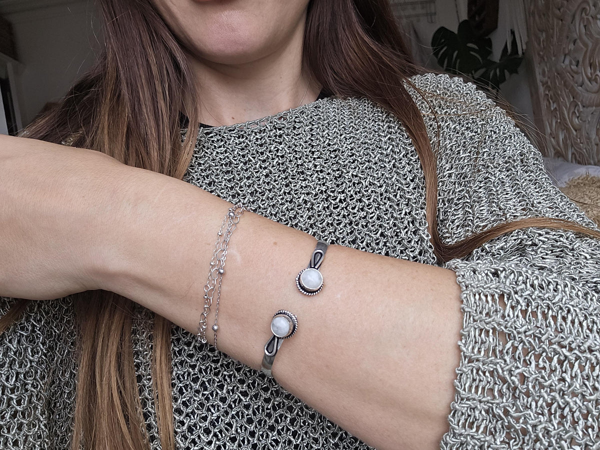 Boho Moonstone 925 Sterling Silver Cuff Bracelet, Slim Filigree Bangle, Vintage Bohemian Jewellery, Gift for Her