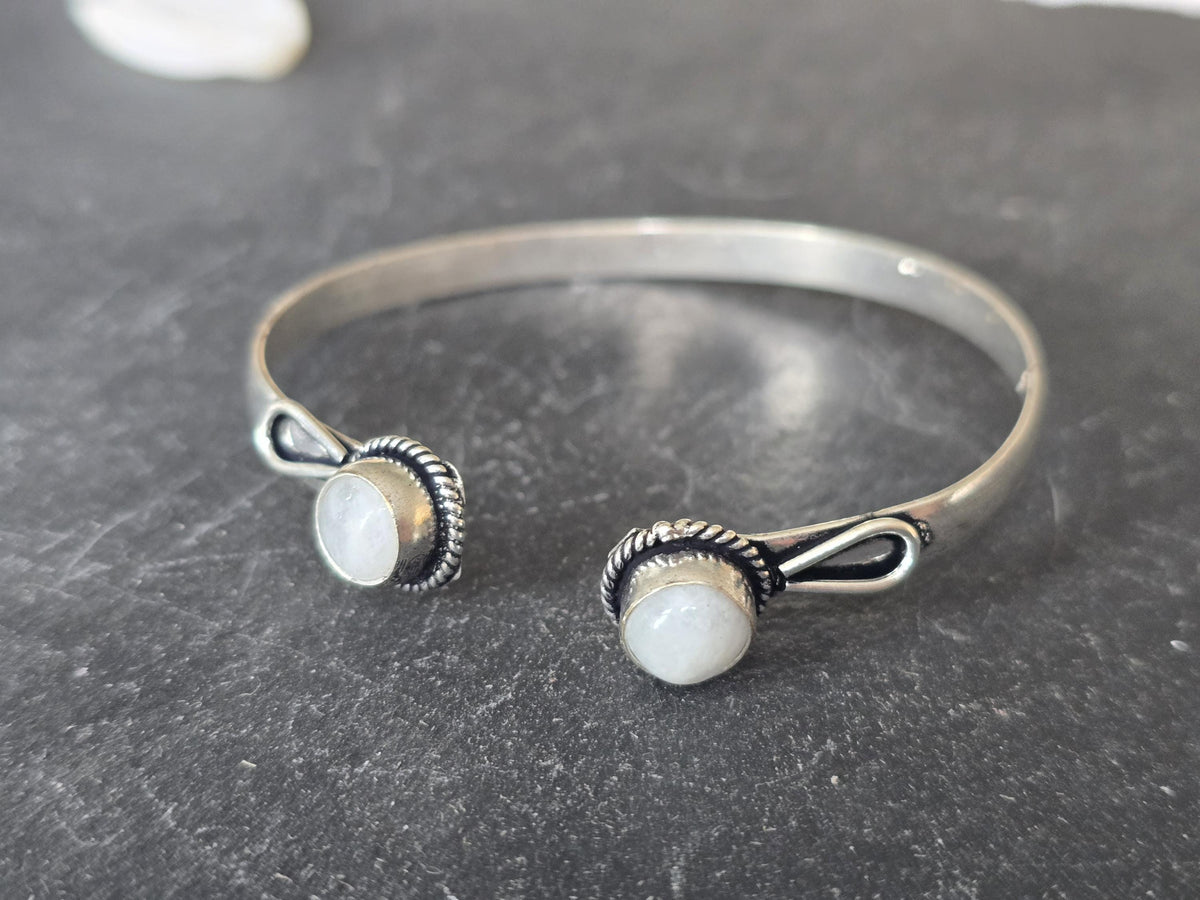 Boho Moonstone 925 Sterling Silver Cuff Bracelet, Slim Filigree Bangle, Vintage Bohemian Jewellery, Gift for Her