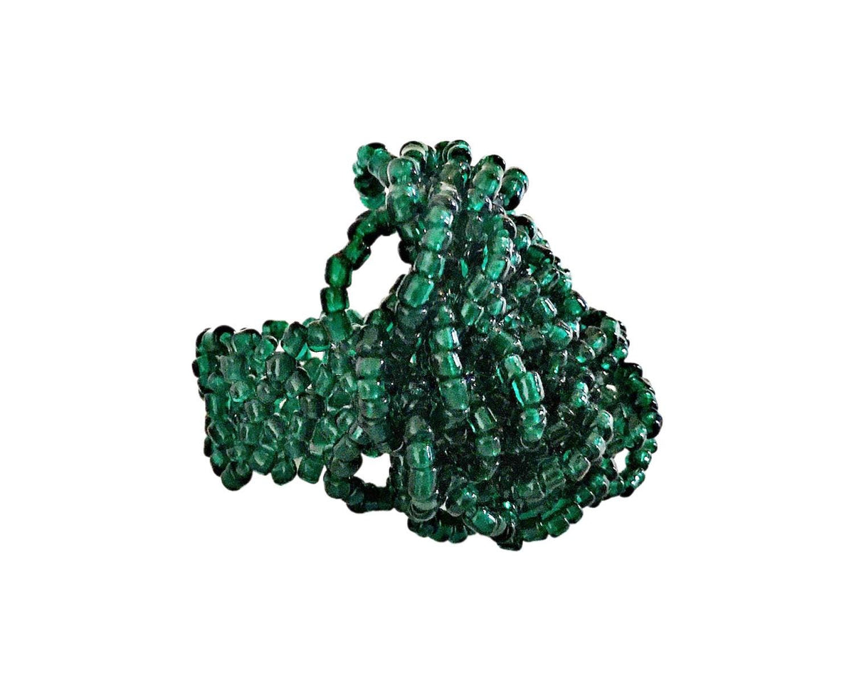 Dark Green Beaded Flower Ring – Emerald Handmade Statement Jewellery – Large Bohemian Floral Accessory