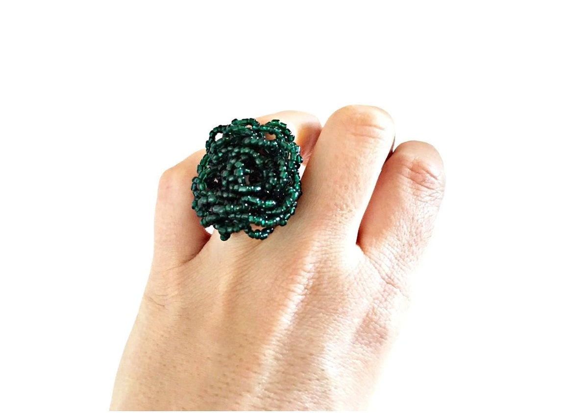 Dark Green Beaded Flower Ring – Emerald Handmade Statement Jewellery – Large Bohemian Floral Accessory