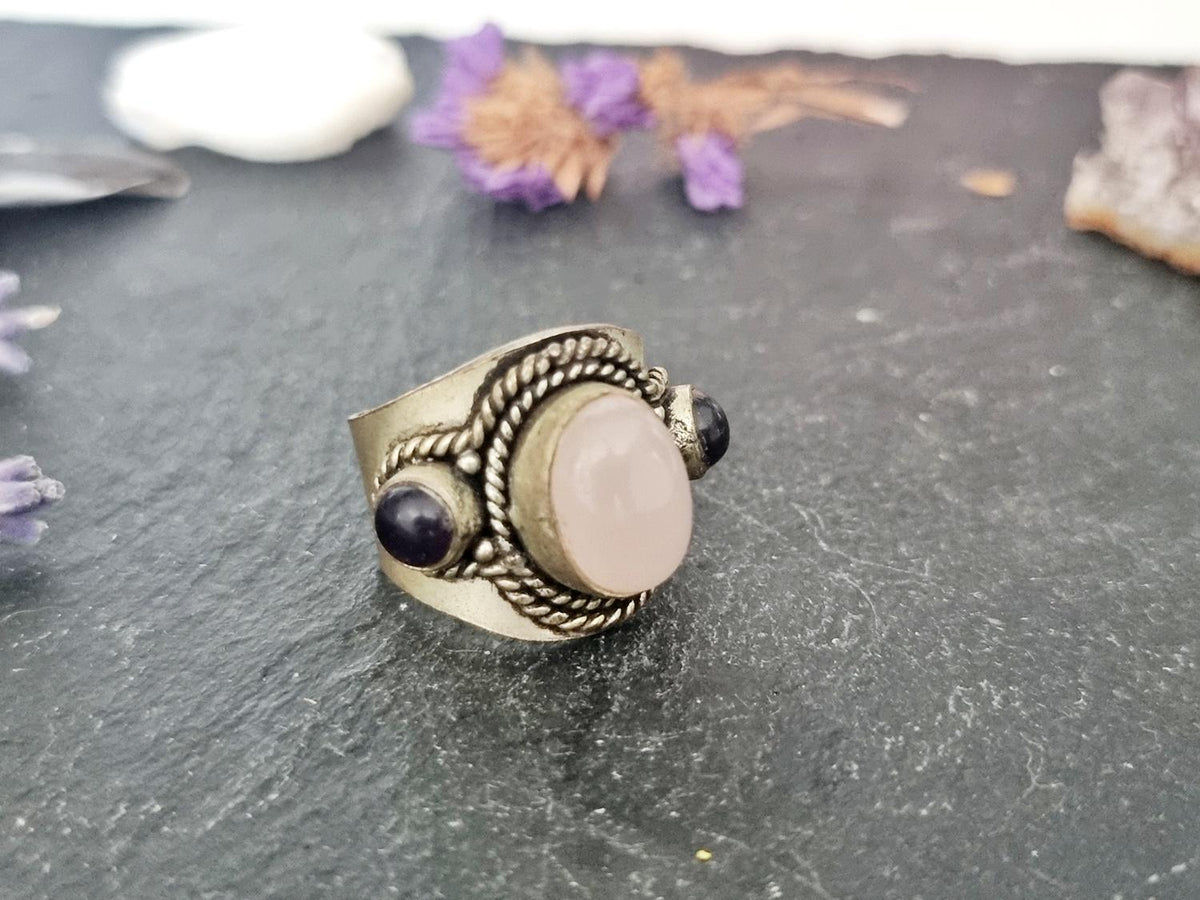 Vintage Silver Onyx Ring, Antique Afghan Jewellery, Boho Statement Crystal Stone Ring, Handmade Tibetan, Kuchi Turkmen Tribal Fashion